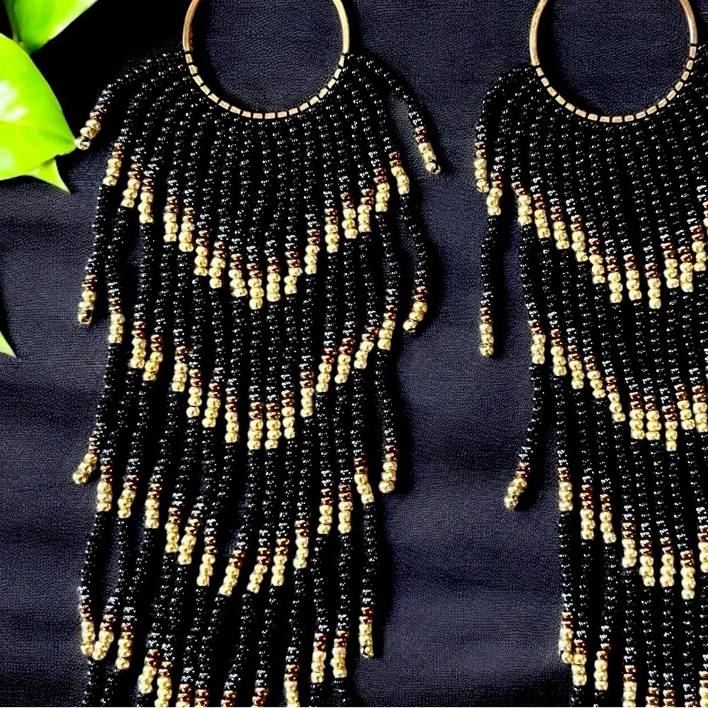 Black and Gold Glass Beaded Chandelier Earrings with Cascading Feather Design - Picture 6 of 17